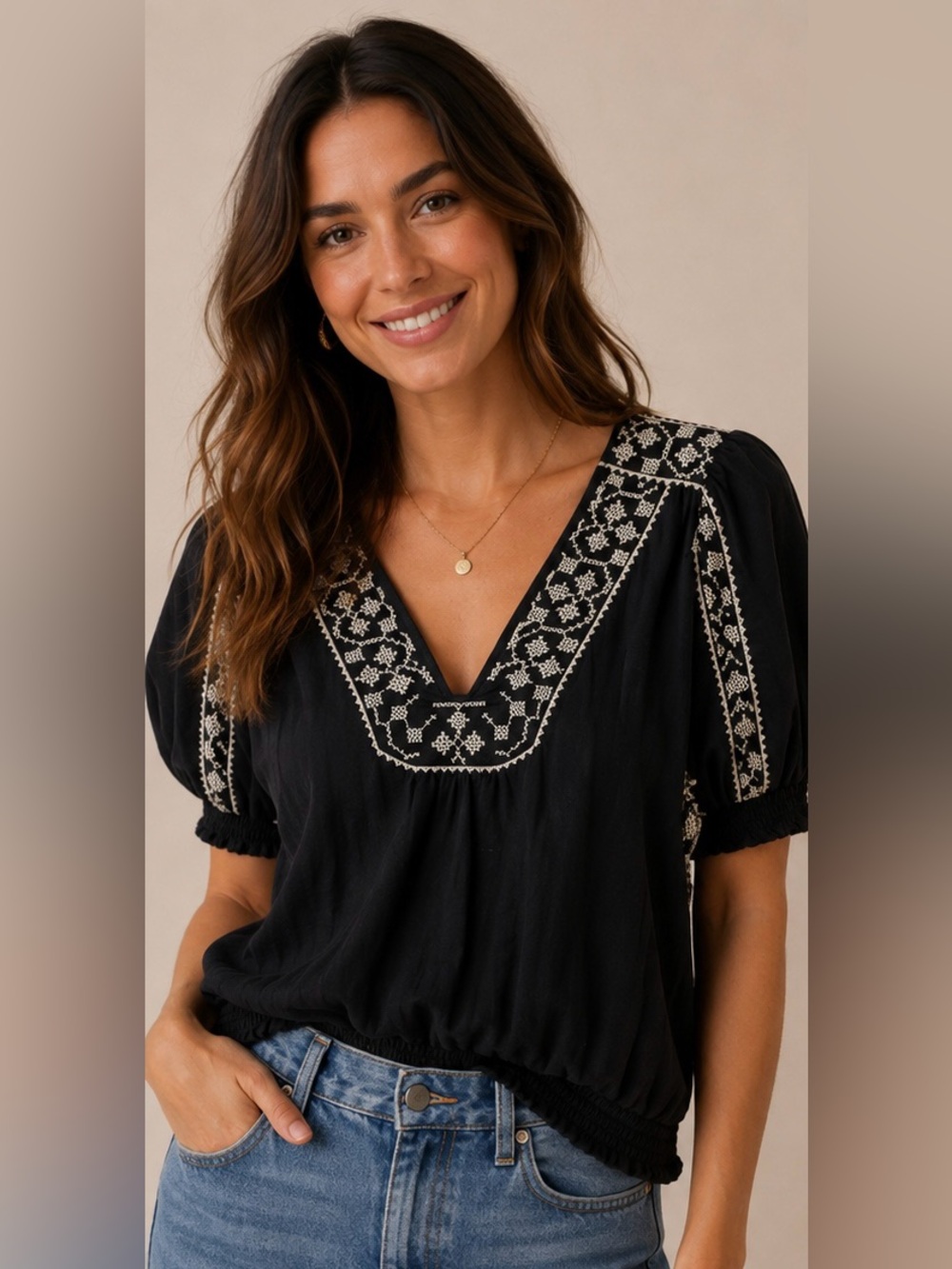 Anthropologie Black Embroidered Puff Sleeve Boho Top Size M